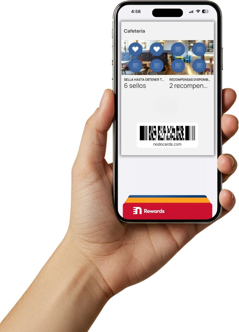 Tarjeta de sellos de Nodo abierta en Apple Wallet, en el celular de un cliente